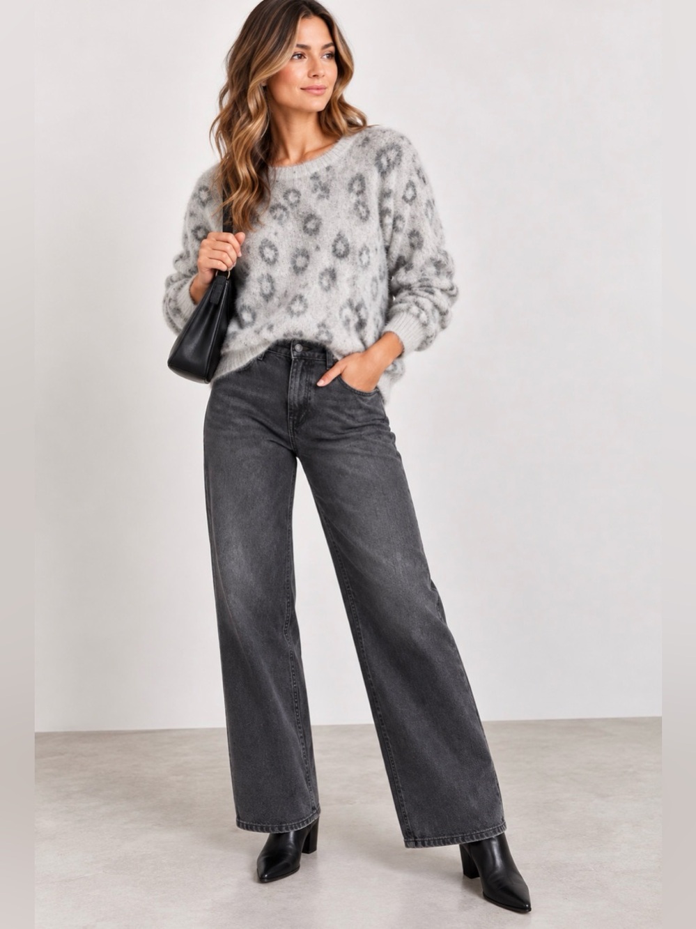 Grace & Lace Leopard Print Fuzzy Knit Sweater Gray Size M